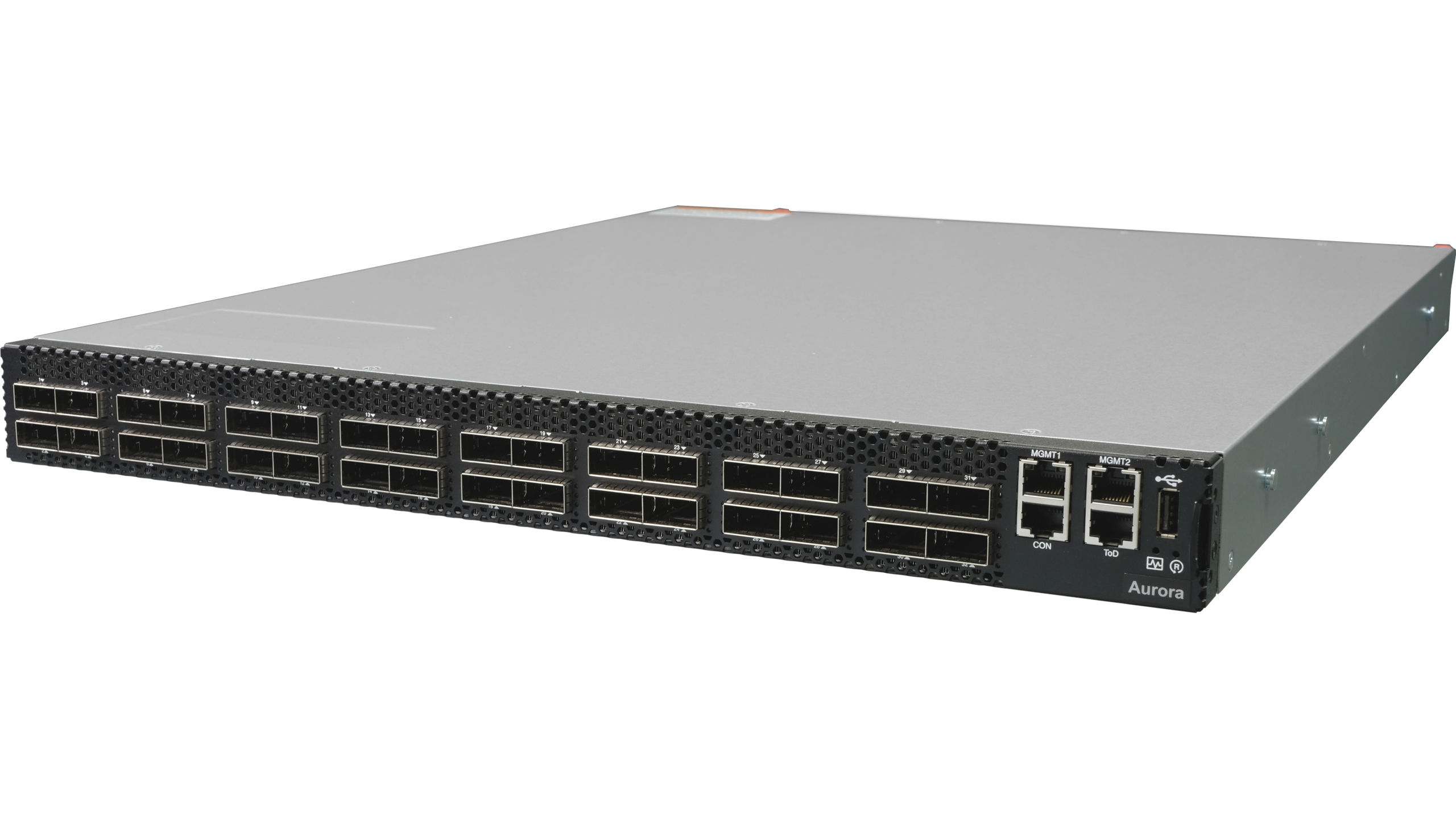 Netberg Aurora 820 32x400GE, Broadcom Tomahawk 3 data center switch, front angled view