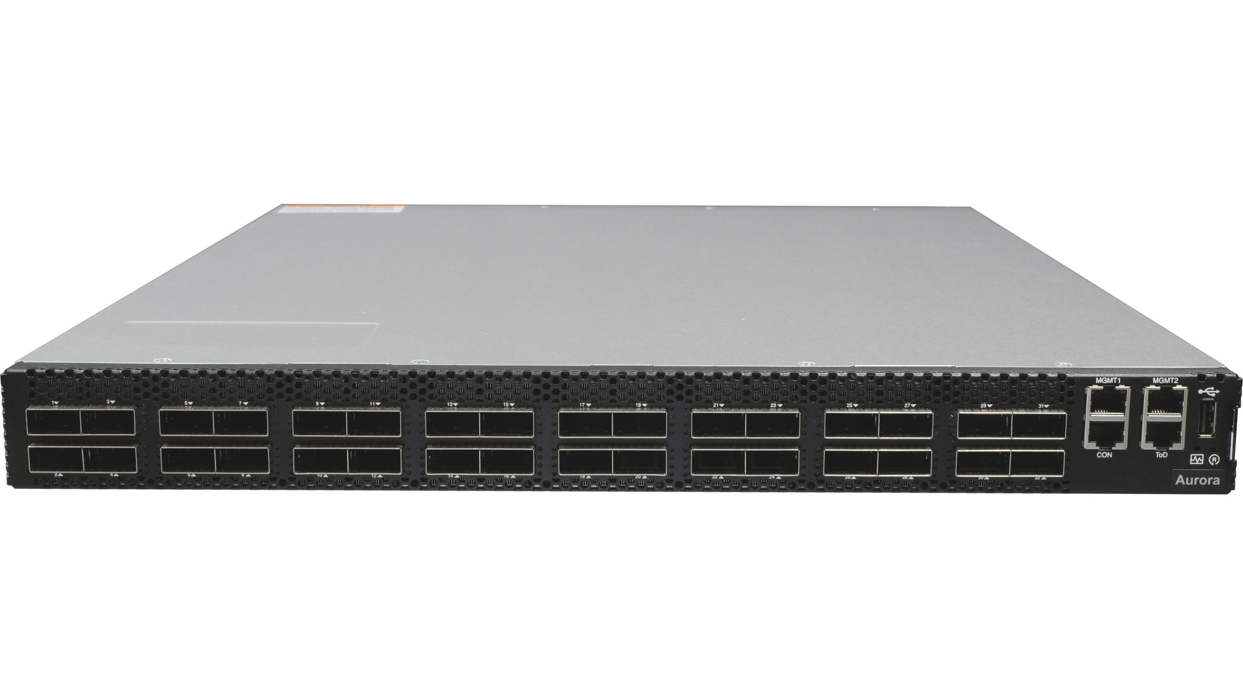 Netberg Aurora 820 32x400GE, Broadcom Tomahawk 3 data center switch, front top view