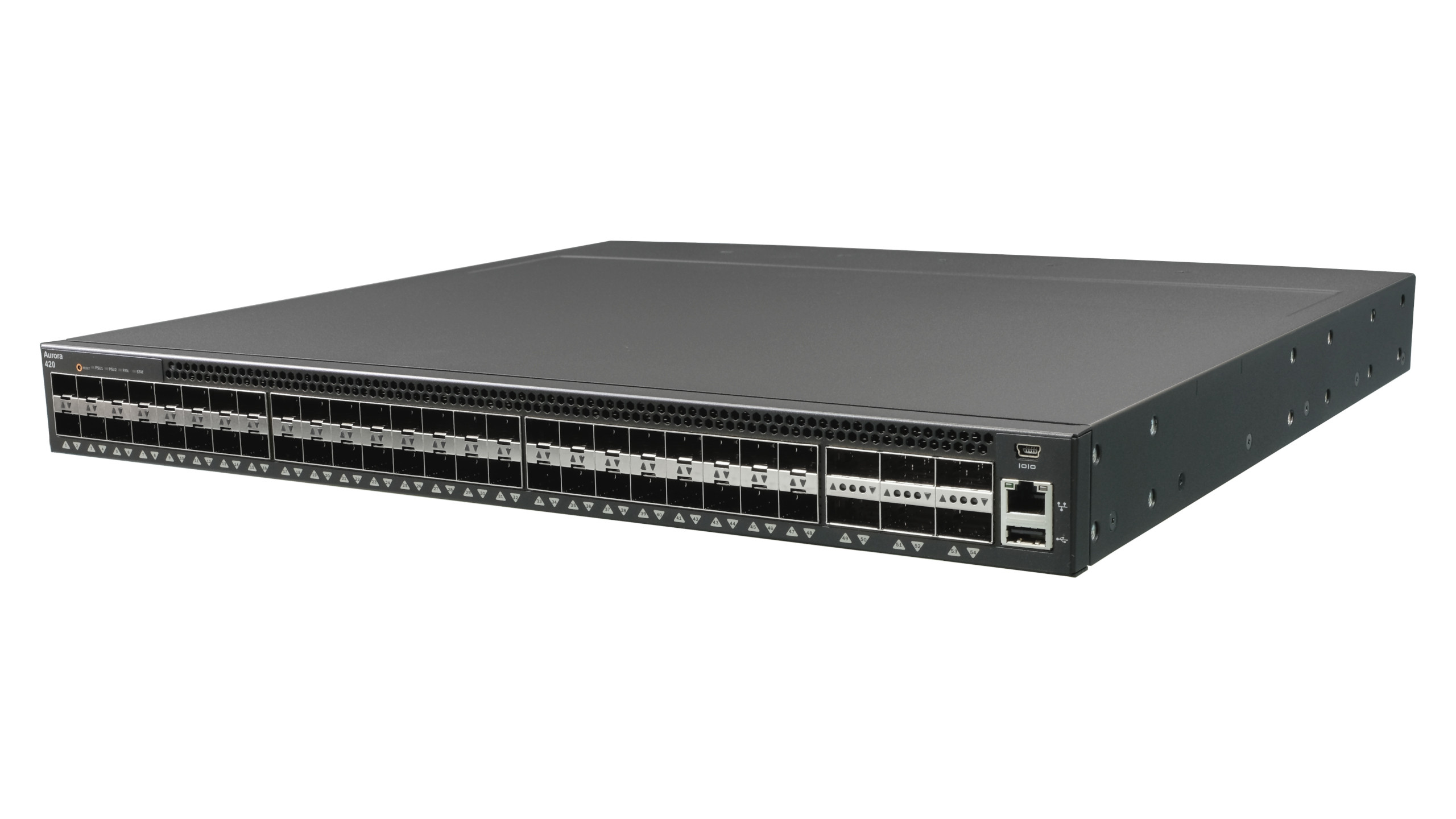 Netberg Aurora 420 48x10G and 6x 40GE, Broadcom Triden2 data center switch, front angled view