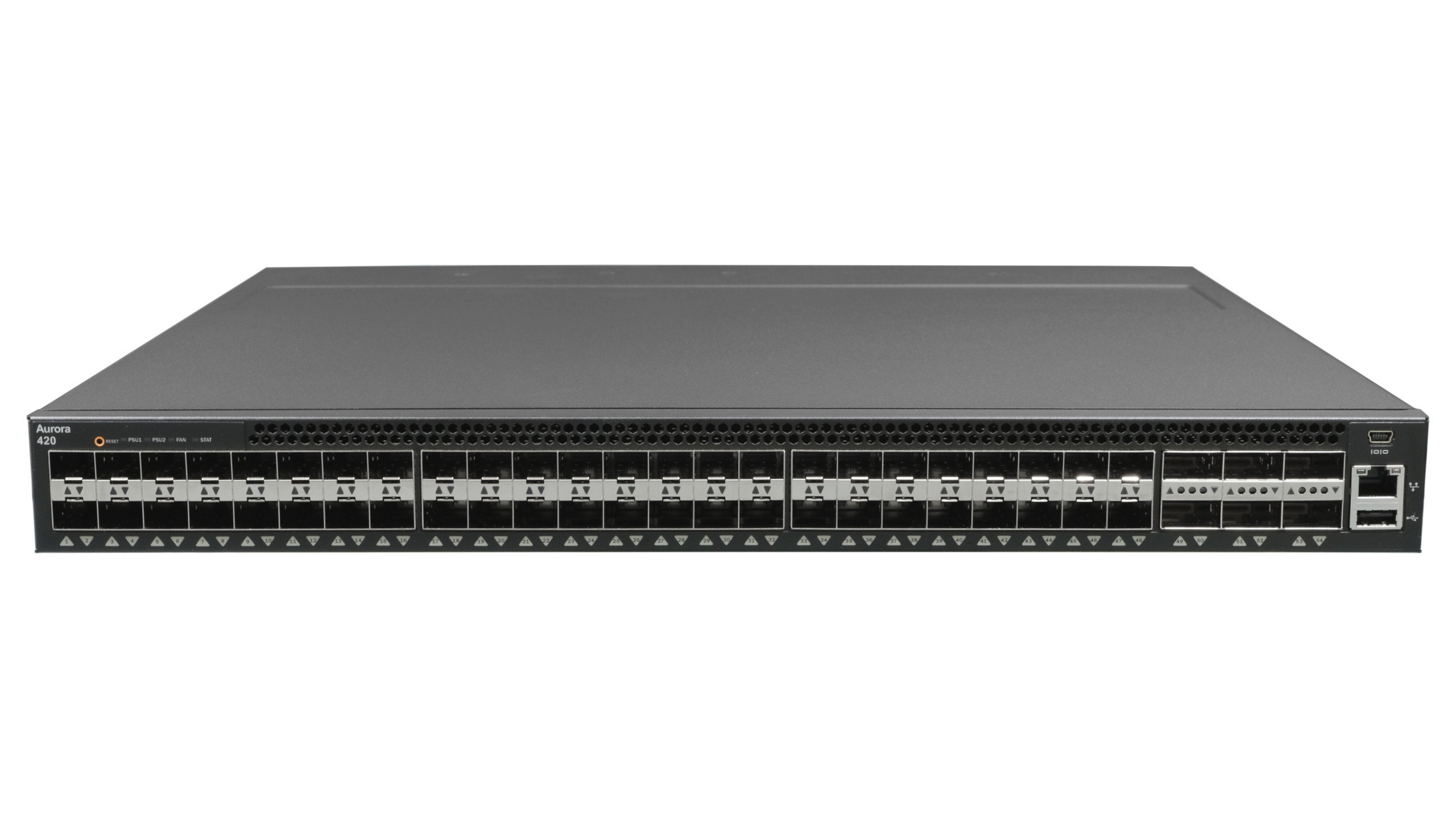 Netberg Aurora 420 48x10G and 6x 40GE, Broadcom Triden2 data center switch, front top view