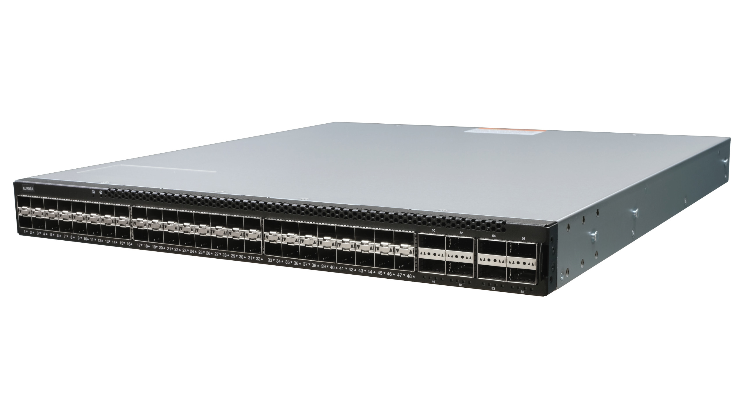 Netberg Aurora 610 48x 25GE and 8×100GE, Intel Tofino P4 Programmable Bare Metal Switch for data centers, front angled view