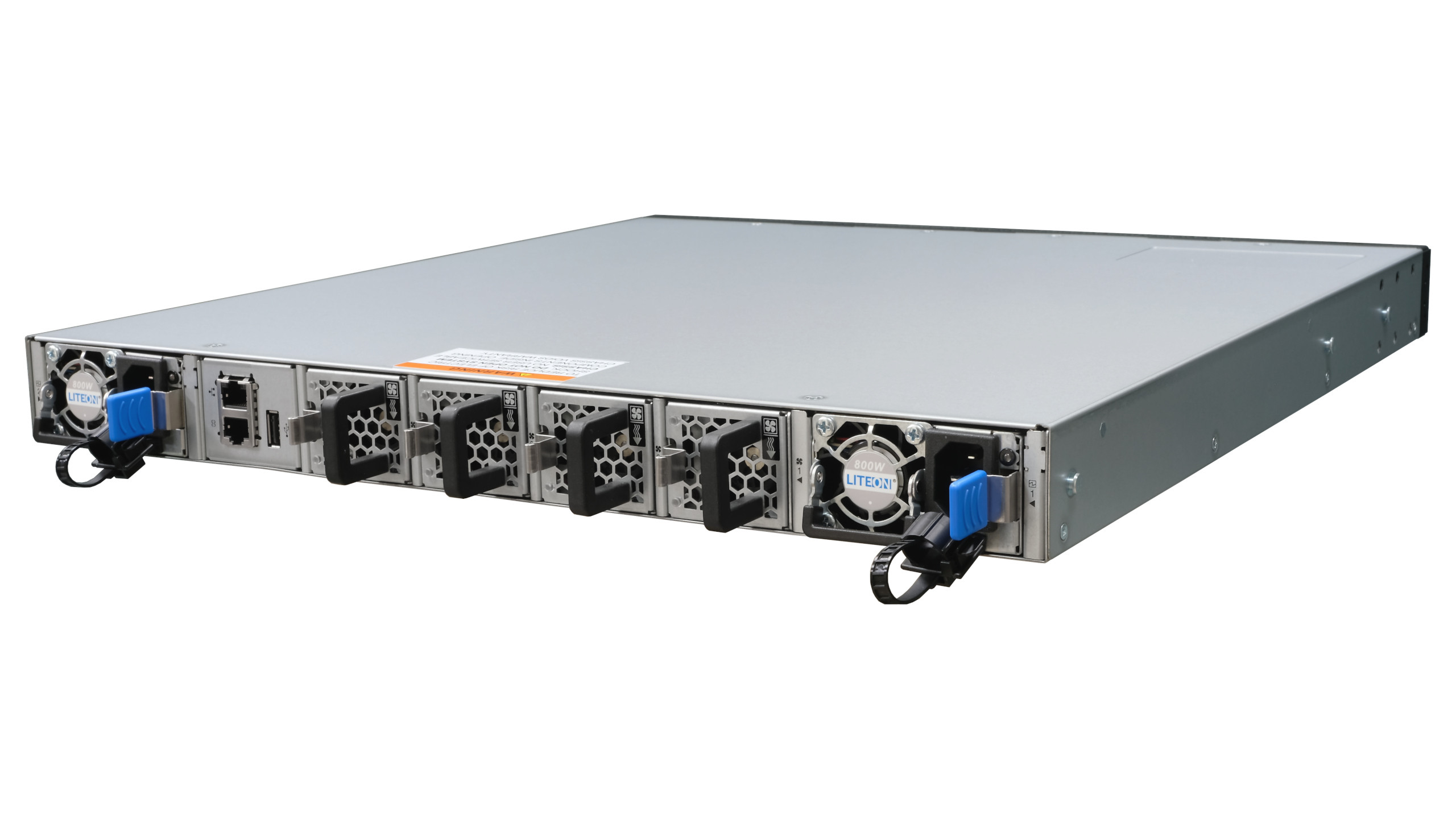 Netberg Aurora 610 48x 25GE and 8×100GE, Intel Tofino P4 Programmable Bare Metal Switch for data centers, rear angled view