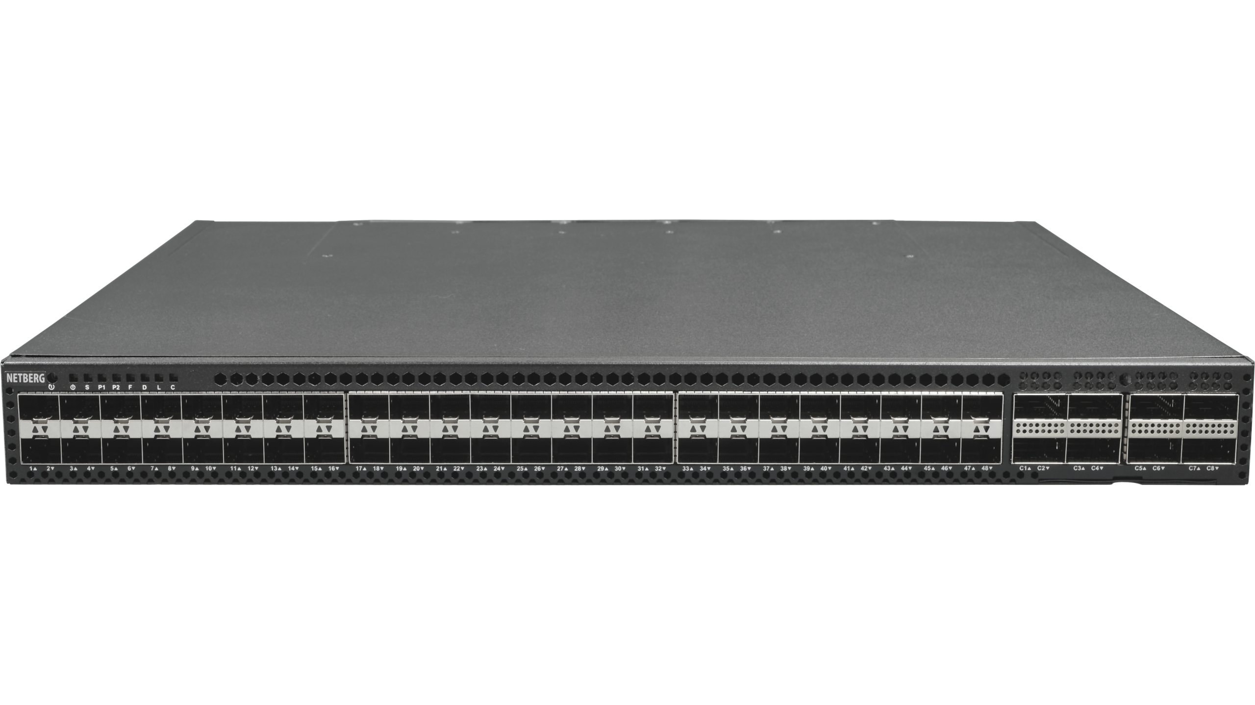 Netberg Aurora 615 48x25G and 8x 100GE, Marvell Teralynx 5 data center switch, front top view