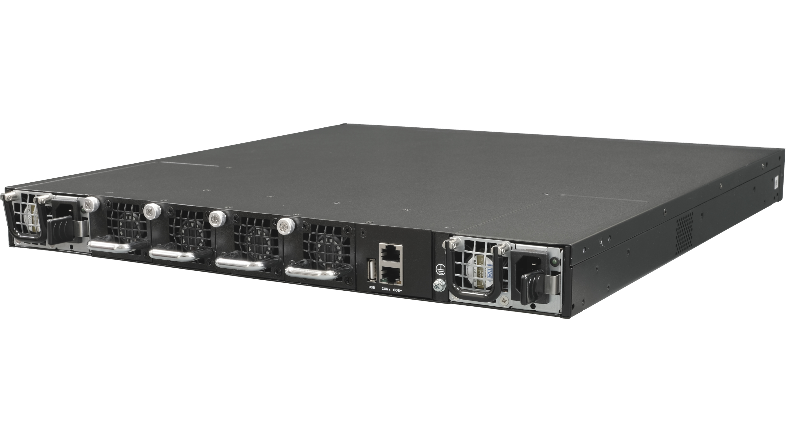 Netberg Aurora 615 48x25G and 8x 100GE, Marvell Teralynx 5 data center switch, rear angled view