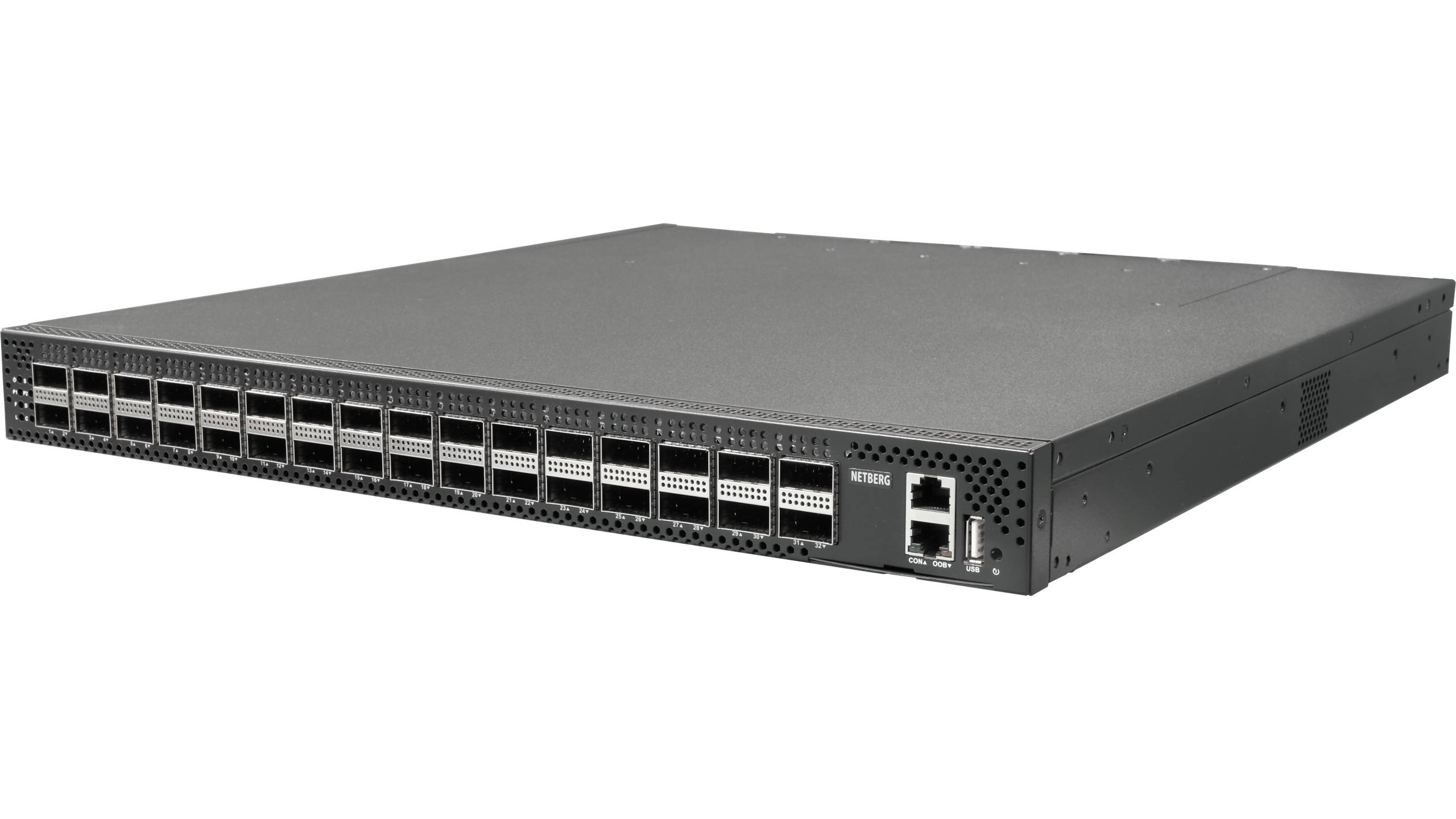 Netberg Aurora 715 32x100GE, Marvell Teralynx 5 data center switch, front angled view