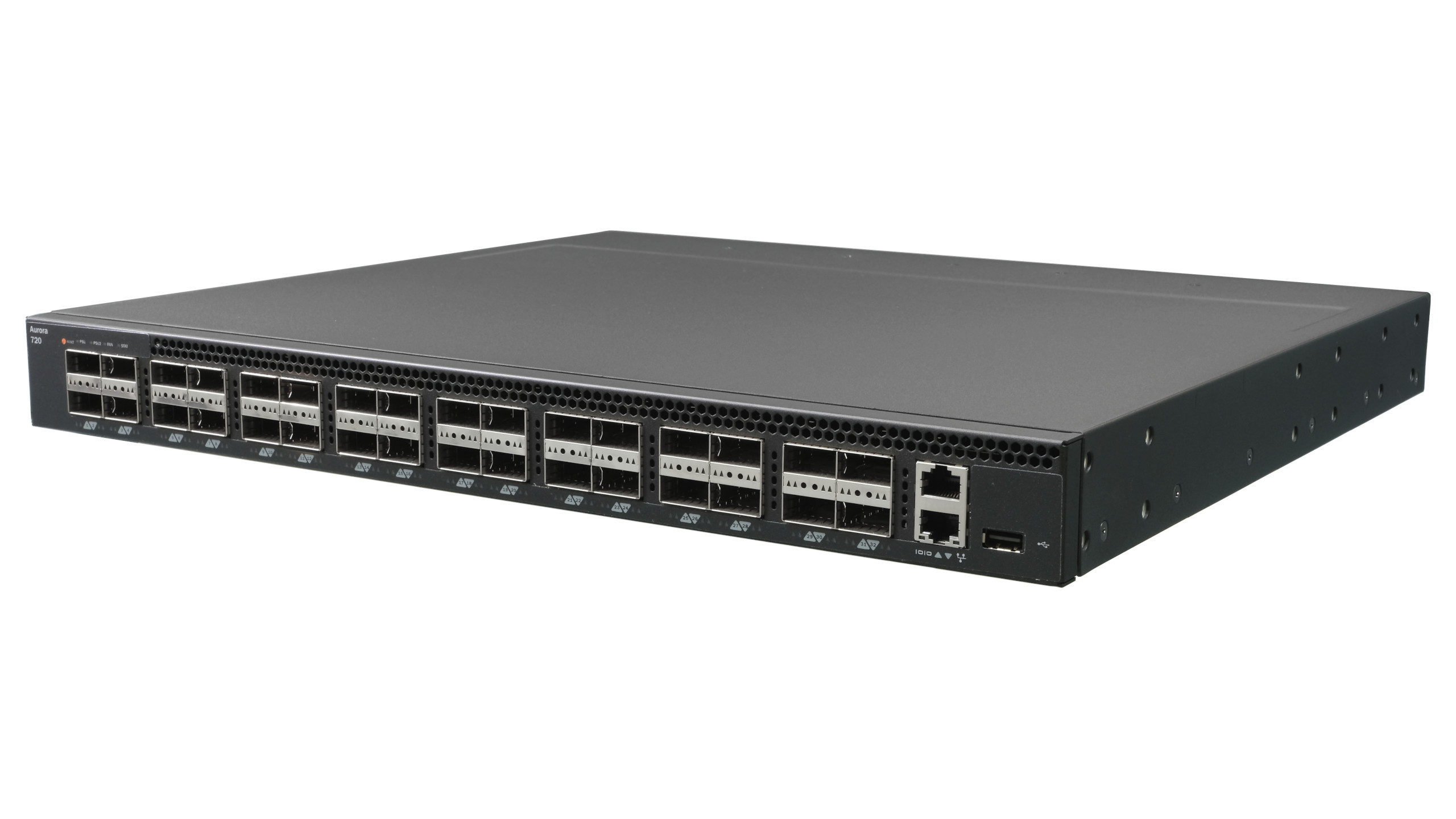 Netberg Aurora 720 32x 100GE, Broadcom Tomahawk data center switch, front angled view